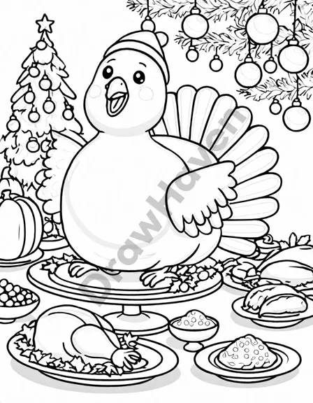 coloring page of a holiday feast scene with turkey, side dishes, and decorations in black and white