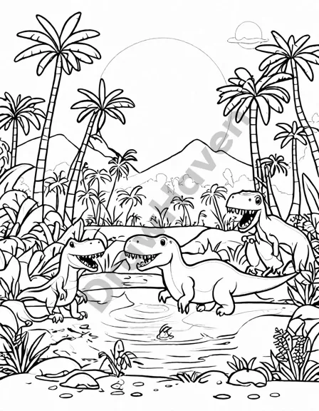 Coloring book image of dinosaurs gather at a waterhole surrounded by lush vegetation in a prehistoric scene in black and white