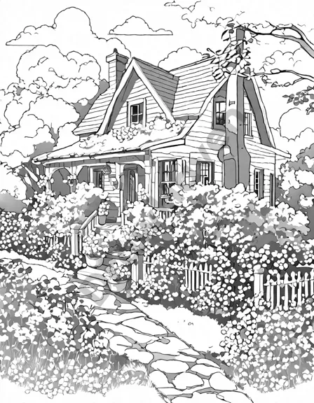 enchanting coloring page: quaint cottage and graceful willow tree in serene countryside in black and white