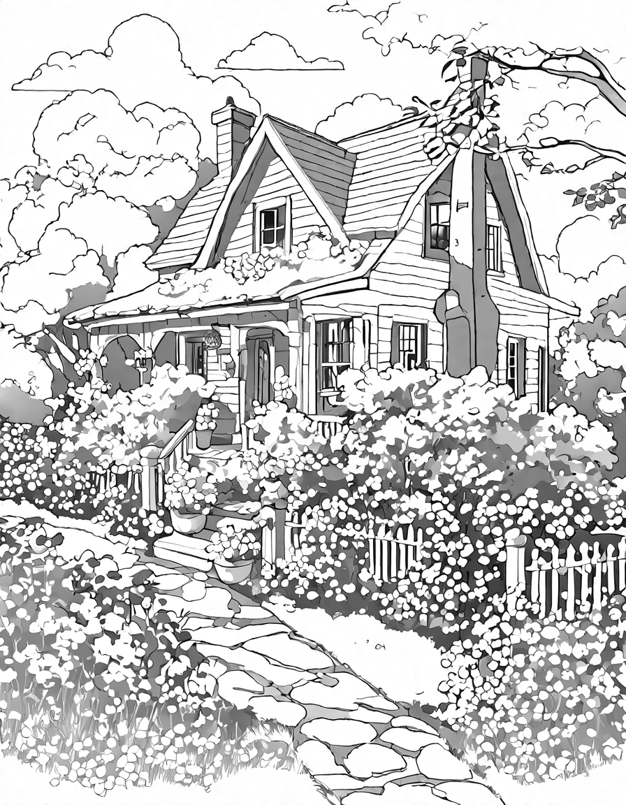 enchanting coloring page: quaint cottage and graceful willow tree in serene countryside in black and white