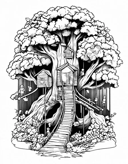 coloring page of a treehouse summer camp with children and wildlife in an ancient forest in black and white