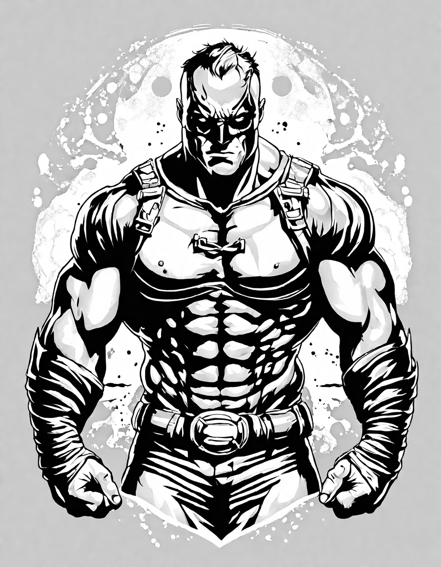 captivating coloring book page featuring bane's imposing physique and menacing mask in black and white