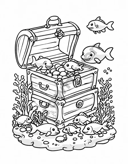 coloring page featuring a sunken treasure chest, vibrant coral reef, and marine life on ocean floor in black and white