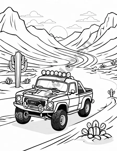 Coloring book image of two race trucks duel in the desert, kicking up sand, framed by cacti and desert flora in black and white