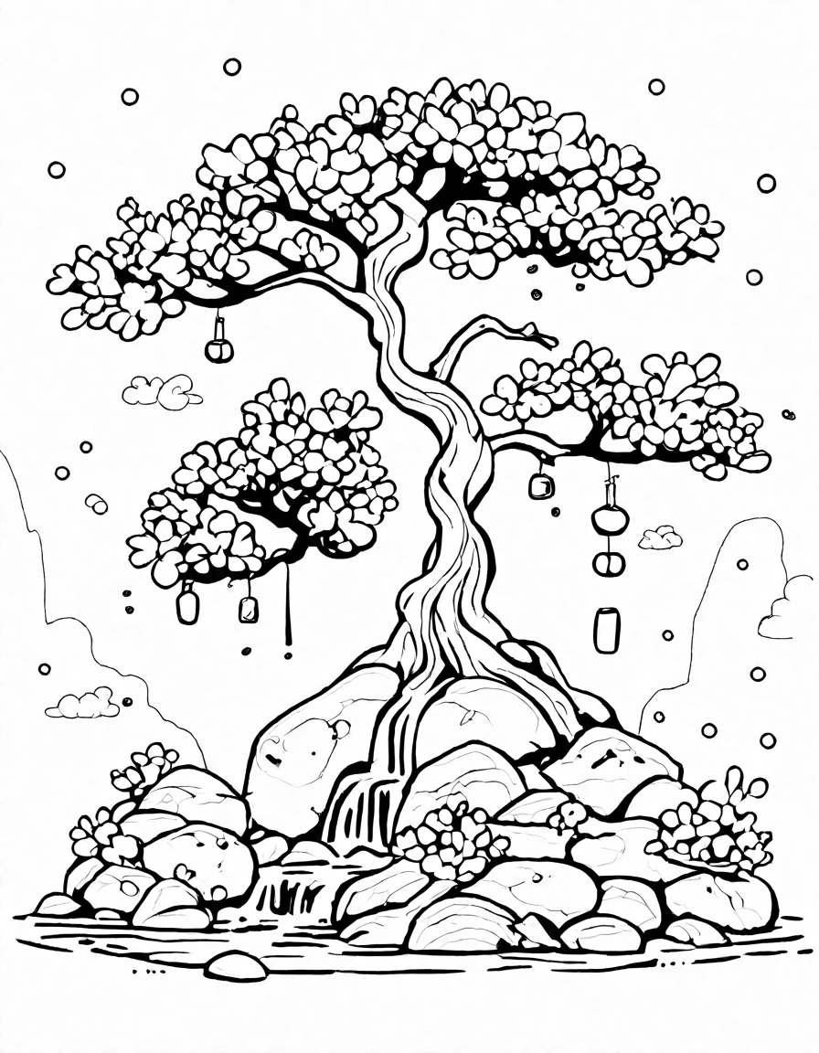 coloring page of a majestic bonsai tree with blooming flowers beside a flowing waterfall - perfect for a soothing and meditative experience in black and white