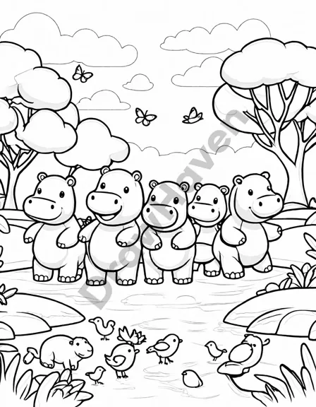 coloring page of a hippo family enjoying a day in a river, surrounded by flora and fauna in black and white