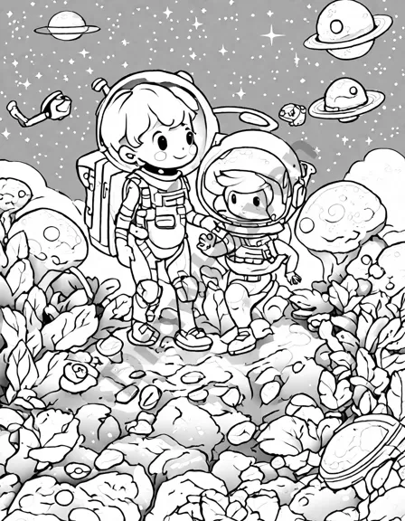 children's coloring book page featuring friendly alien greeting young explorers on a lush, alien planet in black and white