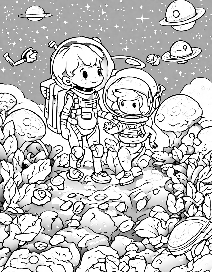 children's coloring book page featuring friendly alien greeting young explorers on a lush, alien planet in black and white