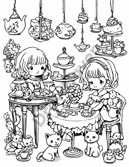 Coloring book image of victorian-style toy tea party with dolls and miniature food set surrounded by colorful flowers in black and white