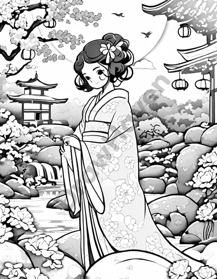 geisha coloring page in traditional japanese garden with vibrant blooming flowers, winding paths, waterfalls, and evening lanterns in black and white