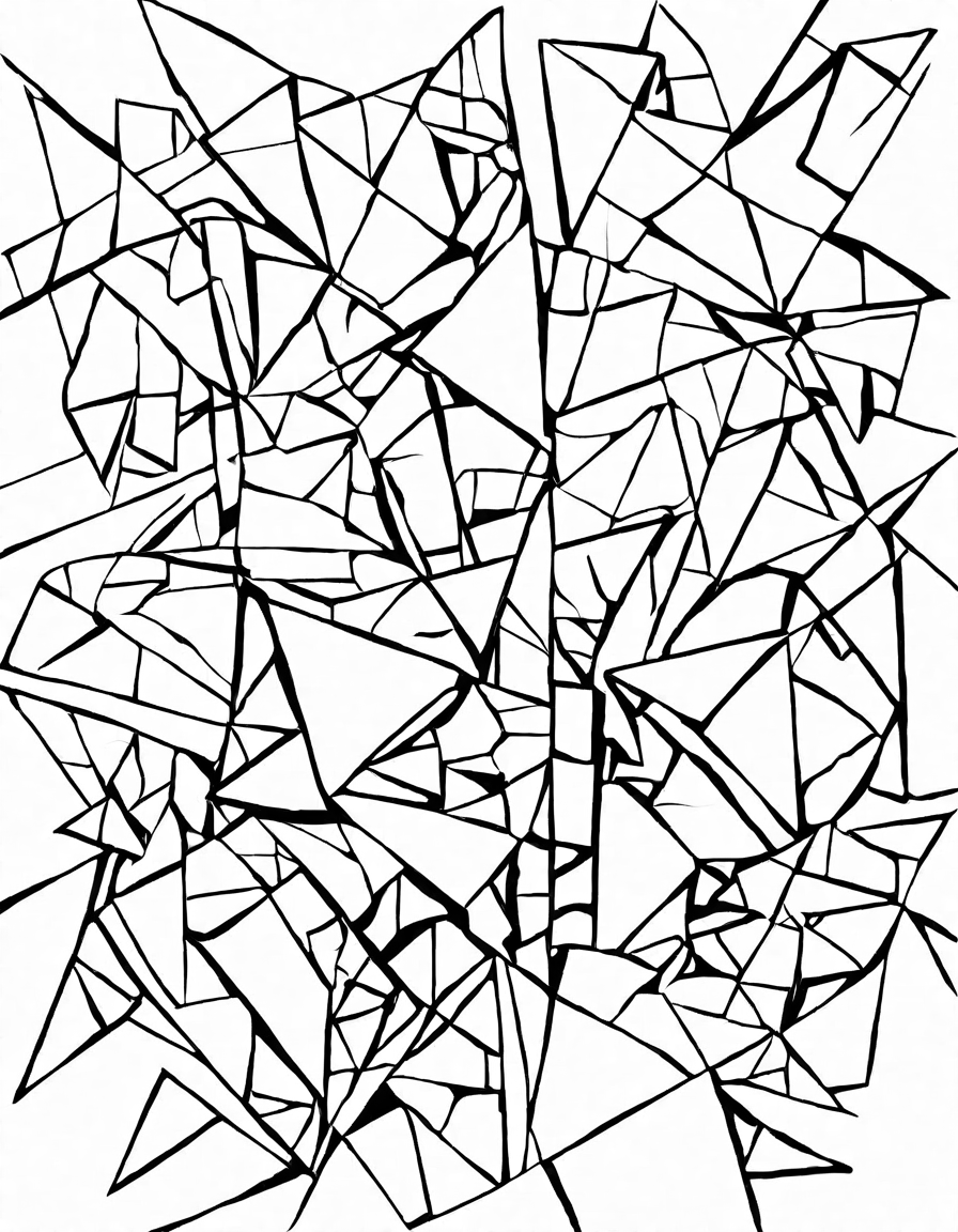 cubist coloring page with fragmented forms, overlapping planes, and vibrant shapes in black and white