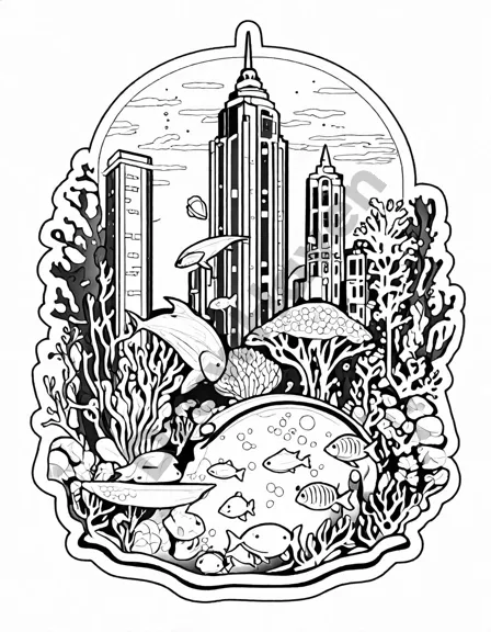 underwater cityscape coloring page featuring vibrant coral formations, marine life, and underwater architecture in black and white