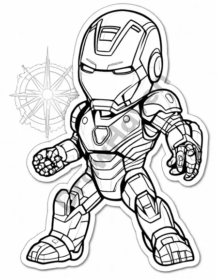 intricate unbreakable armory coloring page featuring iron man amidst an array of advanced weaponry in black and white
