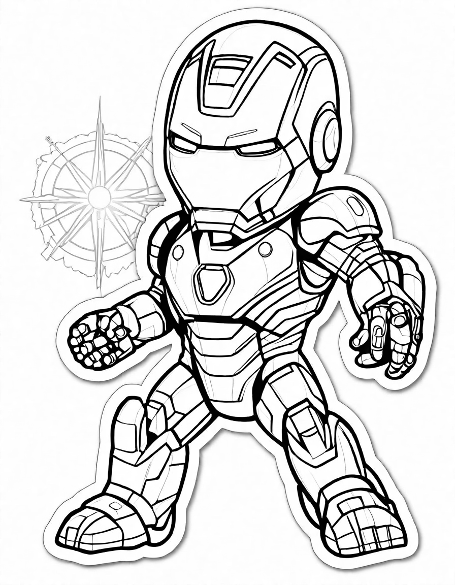 intricate unbreakable armory coloring page featuring iron man amidst an array of advanced weaponry in black and white