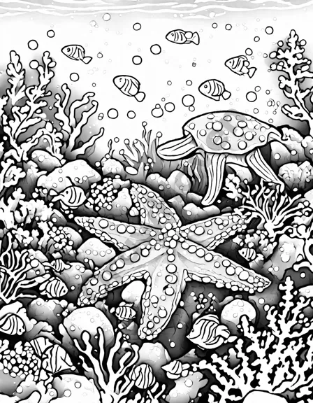 coloring page featuring various starfish species surrounded by coral reefs and sea grasses in an underwater setting in black and white