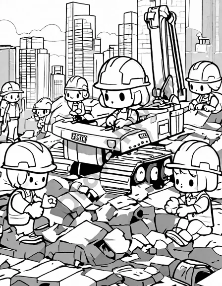 coloring book page featuring a crane lifting a beam in a city construction scene with workers in black and white