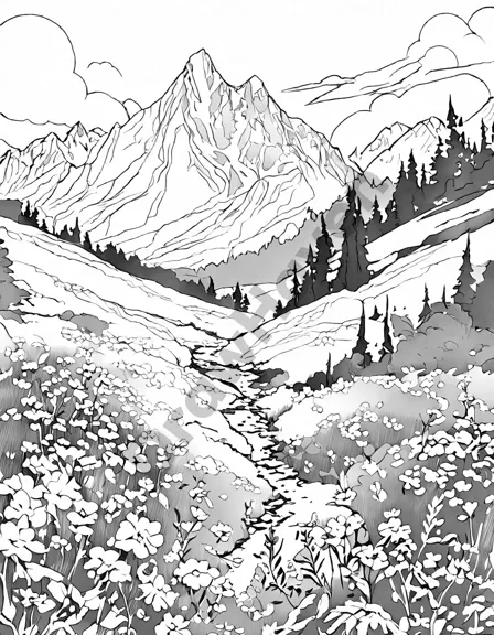 Coloring book image of serene mountain meadow with wildflowers blooming amidst towering peaks, inviting exploration through a meandering path in black and white