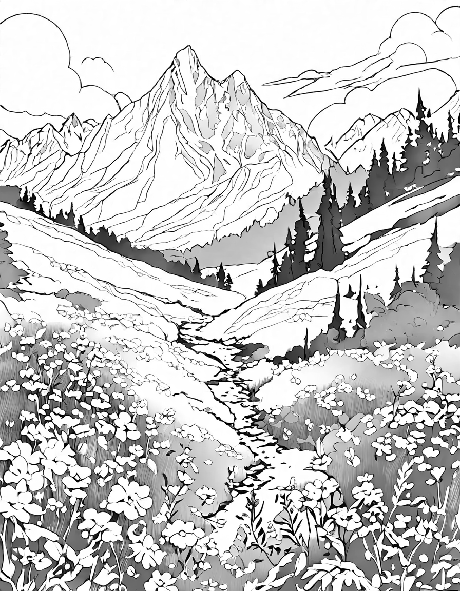 Coloring book image of serene mountain meadow with wildflowers blooming amidst towering peaks, inviting exploration through a meandering path in black and white