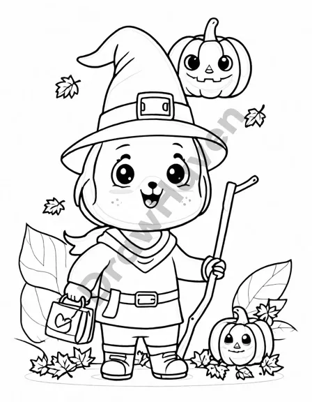 coloring book page showing kids in costumes trick or treating on a moonlit halloween night in black and white