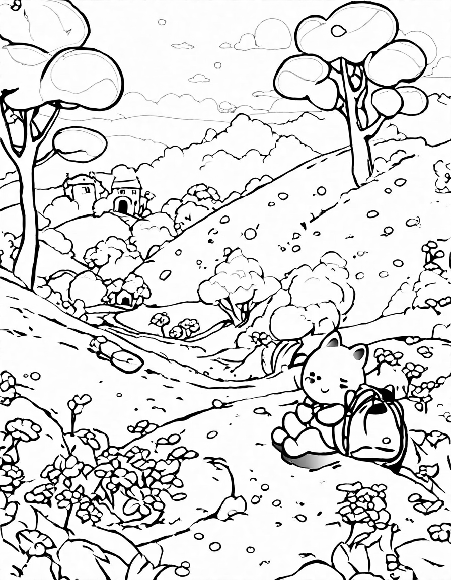soulful journey through harmonic landscapes coloring page: serene rolling hills, lush forests, and winding pathways for a tranquil coloring experience in black and white