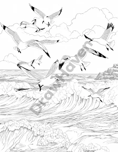 coloring book page featuring seagulls flying over gentle waves and foam-tipped shore in shades of blue and green in black and white
