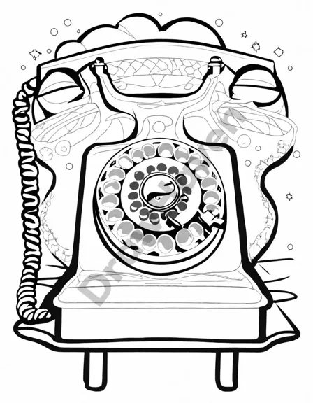 intricate coloring page featuring a classic retro telephone, complete with rotary dial and curly cord in black and white