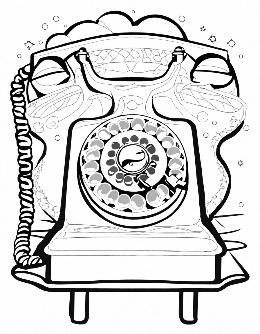 intricate coloring page featuring a classic retro telephone, complete with rotary dial and curly cord in black and white