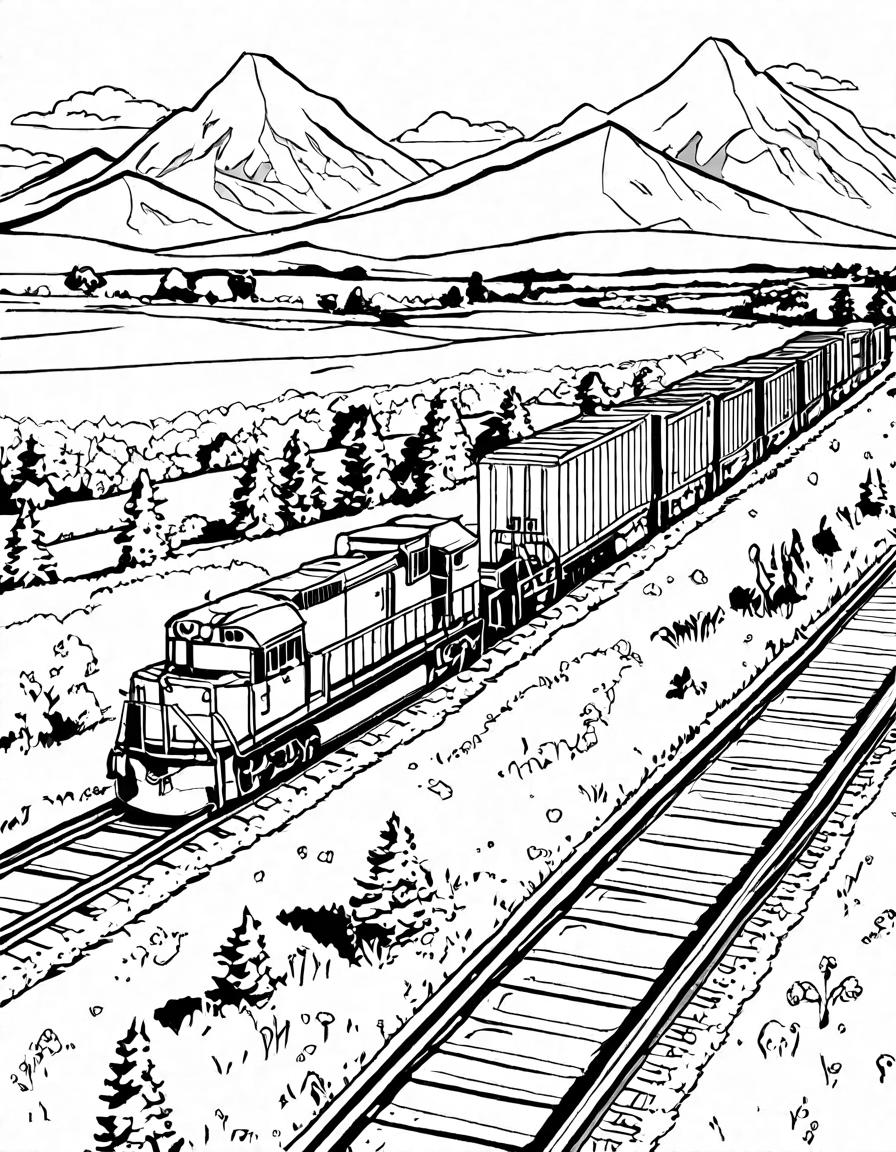 Coloring book image of colorful freight trains crossing open plains under blue sky, inviting children to color in black and white