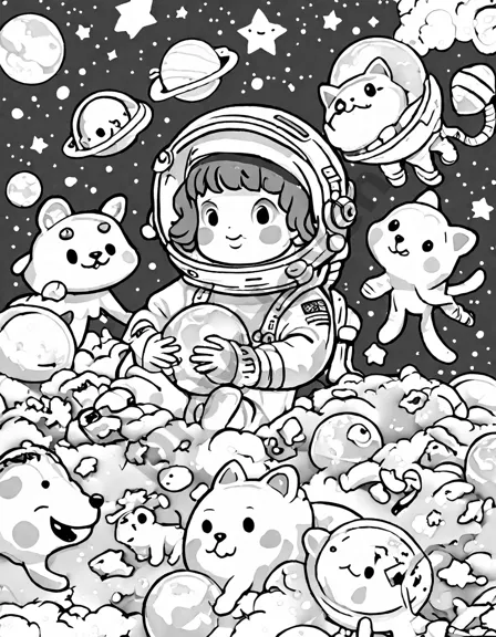 coloring book page of astronauts playing with an alien orb in space, surrounded by stars and nebulae in black and white
