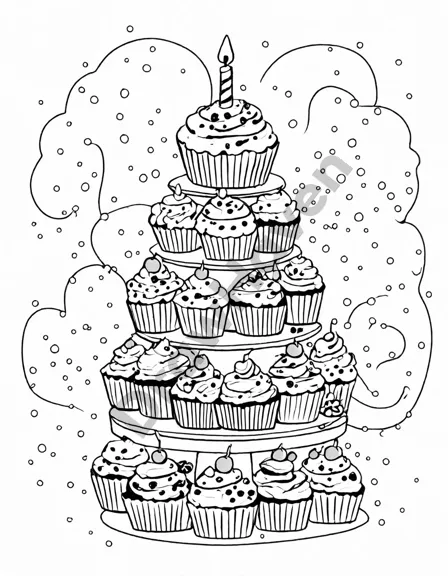 coloring book page featuring a decorated cupcake tower with a lit candle at a birthday party in black and white