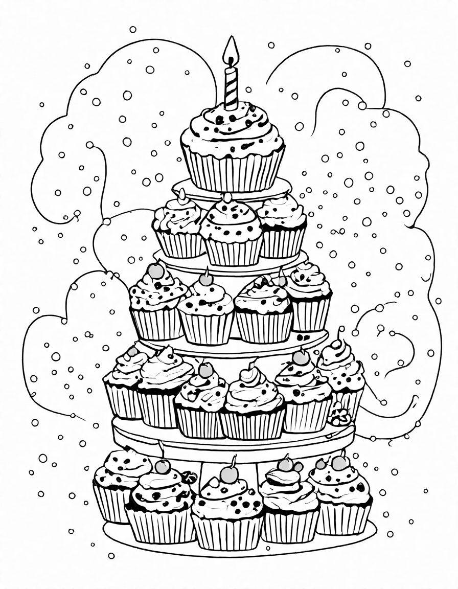 coloring book page featuring a decorated cupcake tower with a lit candle at a birthday party in black and white