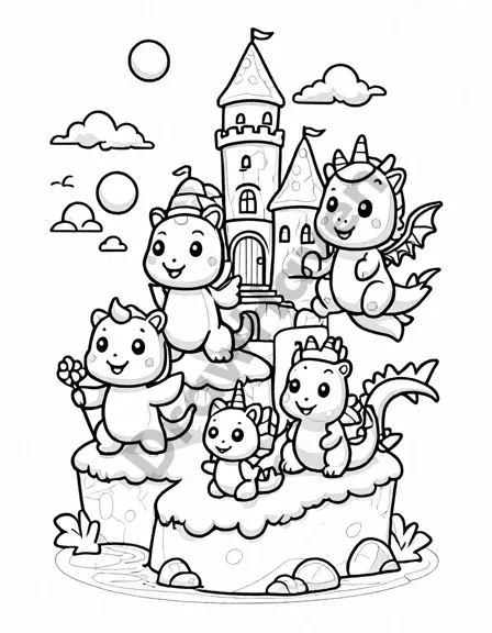 Coloring book image of fantasy figurine corner in toy store with dragons, castles, and mural of mystical landscape in black and white