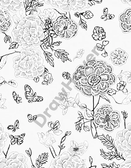 Coloring book image of hidden garden sanctuary with blooming lavender and intricate lace patterns in black and white