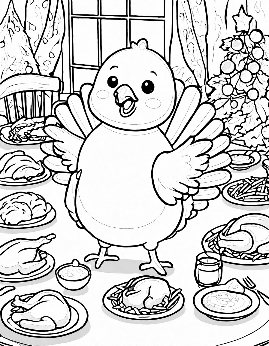 Coloring book image of family sharing a thanksgiving meal with turkey and sides, expressing gratitude around a festive table in black and white