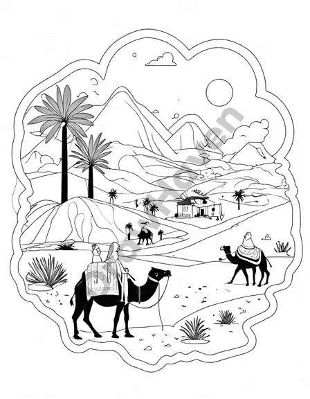 Coloring book image of nomadic caravan traveling through the desert, surrounded by camels, goats, and people in black and white