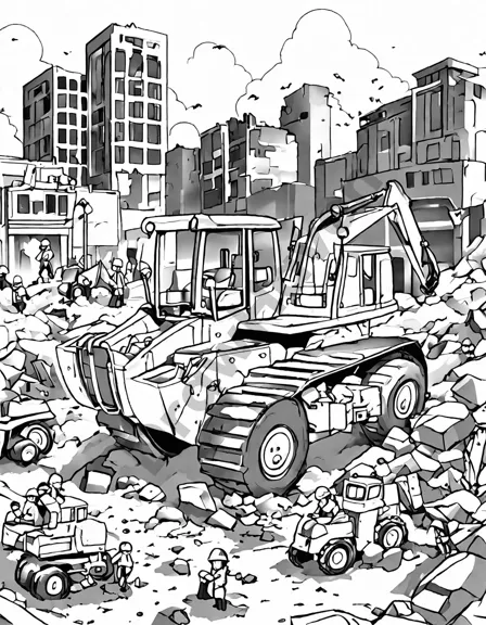 Coloring book image of bulldozer and excavators at work on demolition site, clearing old building rubble in black and white