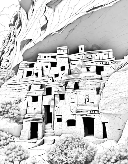 Coloring book image of majestic cliff dwellings showcase intricate pueblo architecture and petroglyphs, offering a glimpse into ancient native american history in black and white