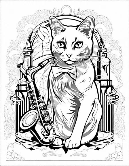 vibrant coloring page featuring feline jazz musicians in a smoke-filled speakeasy, inviting color to bring their world to life in black and white