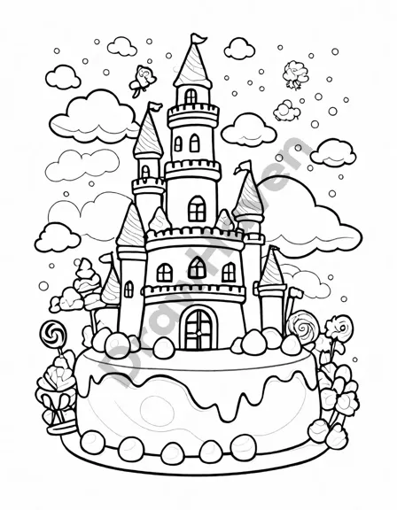 Coloring book image of enchanting frosting covered castle dreams in candy land with gumdrop mountains and chocolate rivers in black and white