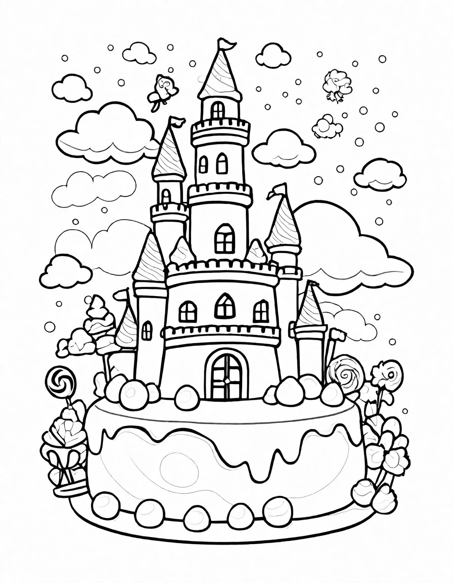 Coloring book image of enchanting frosting covered castle dreams in candy land with gumdrop mountains and chocolate rivers in black and white