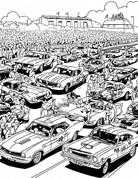 Coloring book image of illustration of classic cars racing on a track with cheering crowd in the background in black and white