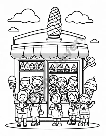 coloring book page of a busy ice cream shop scene with customers and pets enjoying treats in black and white