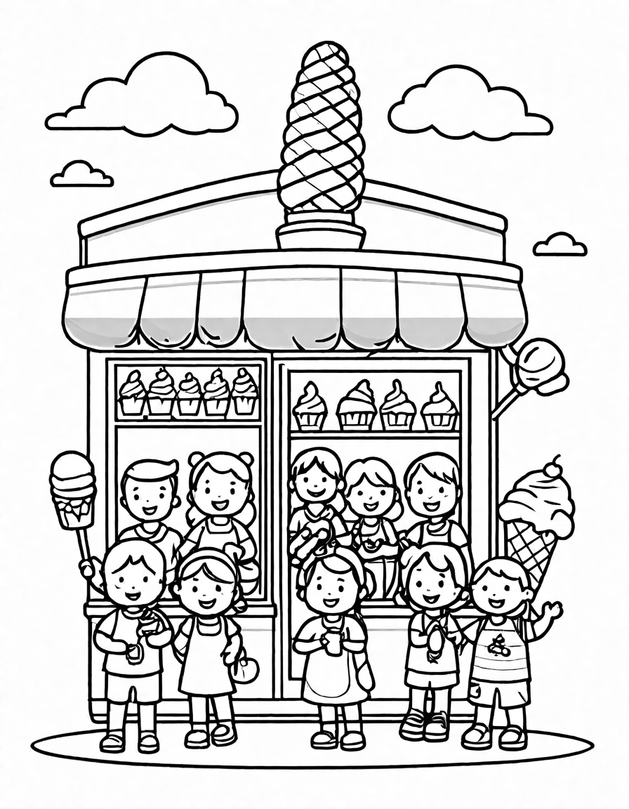 coloring book page of a busy ice cream shop scene with customers and pets enjoying treats in black and white