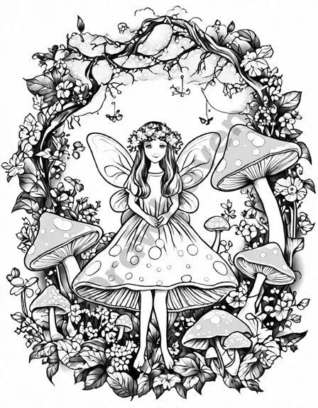 adventures in the fairy kingdom coloring page featuring whimsical fairies, mushroom houses, and the resplendent fairy queen in black and white