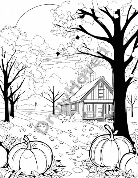 coloring book page of an autumn scene with a pumpkin patch and a farmhouse under a full moon in black and white