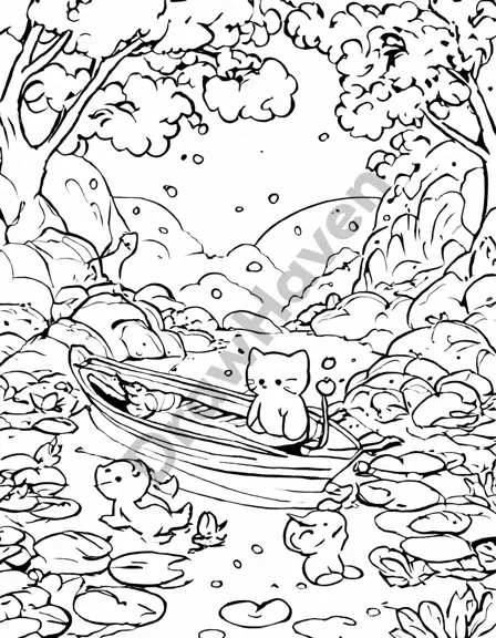 tranquil coloring book page with serene nature scene - flowing stream, blossoming lotuses, birds on trees, and rustling leaves in black and white