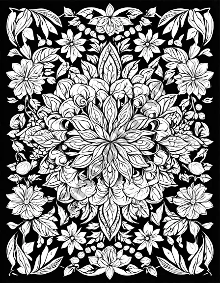 soothing symmetry in nature coloring image with intricate leaves, flowers, and geometric shapes for relaxation and stress relief in black and white