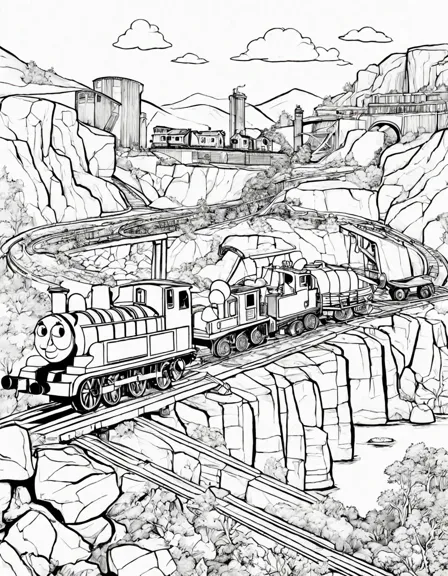 Coloring book image of thomas the tank engine races with percy & james in a quarry with diggers, dumpers, cranes, and waterfalls in black and white