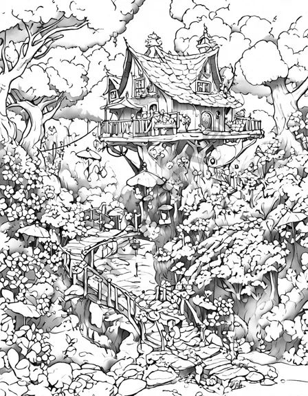 mystical coloring page depicting titania's garden retreat, featuring delicate flowers, a bubbling brook, and titania's majestic treehouse adorned with shimmering leaves and intricate carvings in black and white