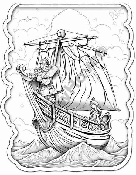 majestic viking ship sailing under northern lights in a coloring book image in black and white